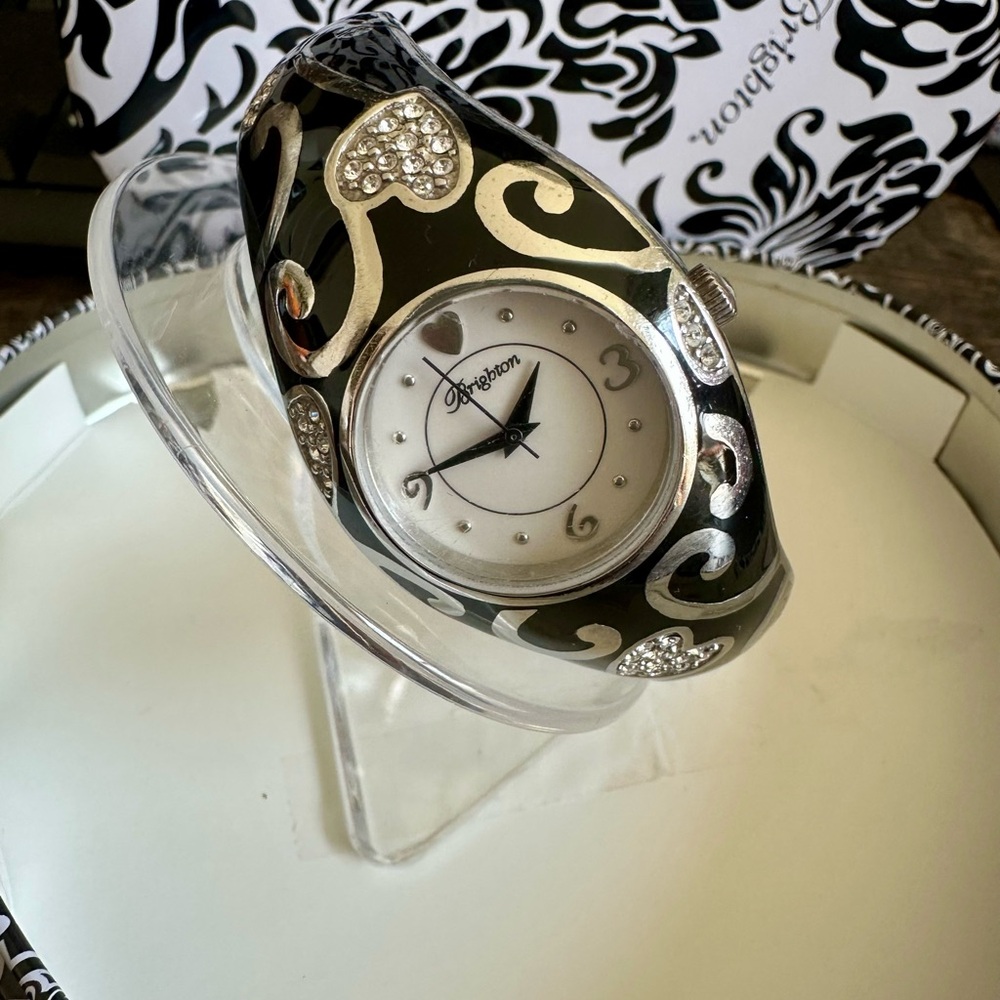 BRIGHTON Vacaville Black Enamel Rhinestone Heart Cuff Watch *NEEDS BATTERY*